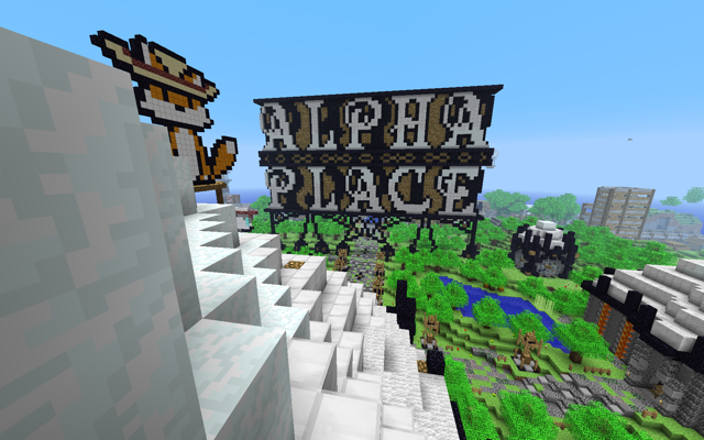 AlphaPlace's spawn: the exterior with the wordmark.