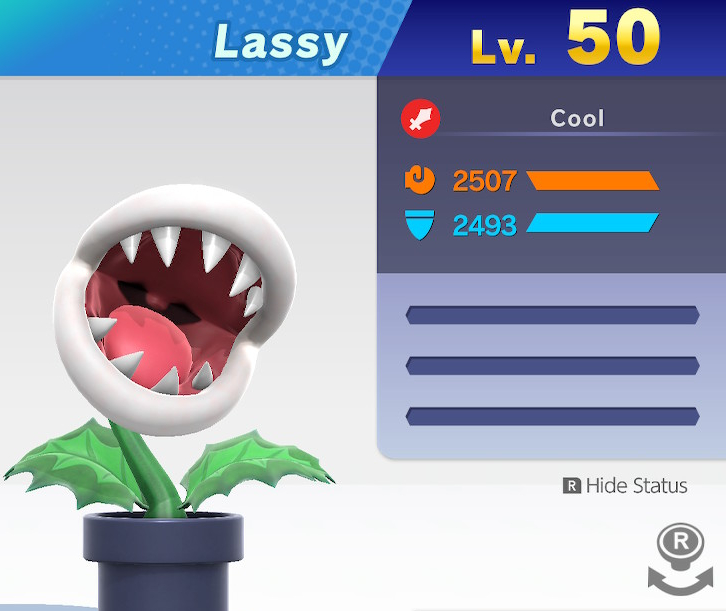 Lassy's stats. | Primary spirit type: Attack | Fighting style: Cool | Level 50 | Attack 2507 | Defense: 2493