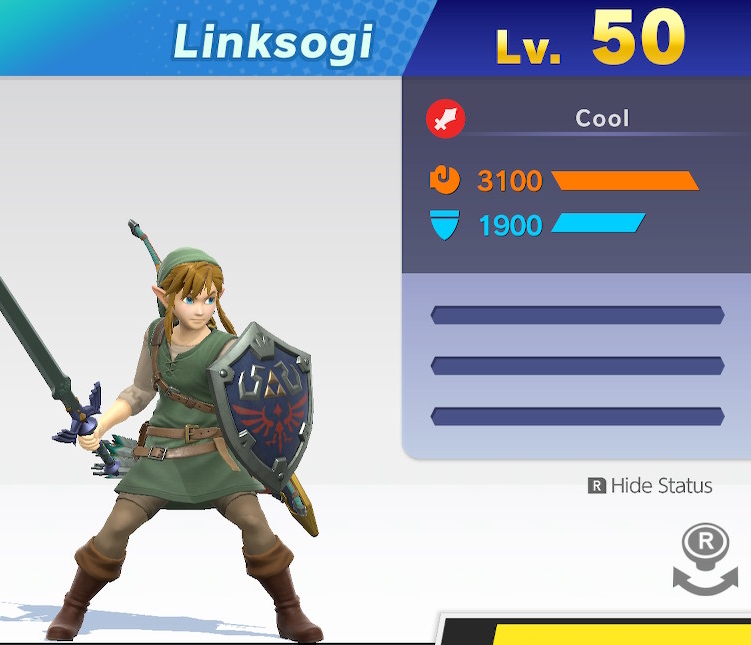 Linksogi's stats. | Primary spirit type: Attack | Fighting style: Cool | Level 50 | Attack 3100 | Defense: 1900